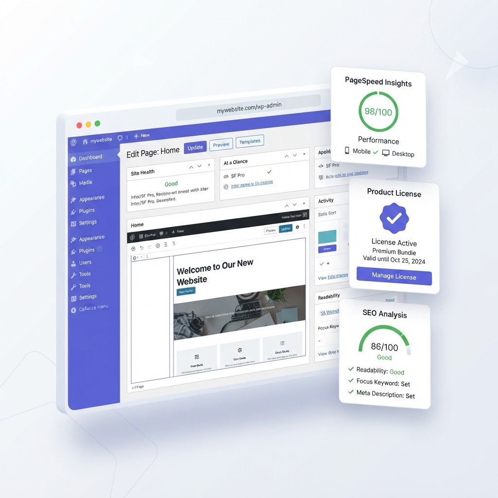 Dashboard WordPress dengan plugin premium terpasang menampilkan skor PageSpeed, lisensi aktif, dan analisis SEO
